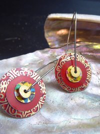 Festive red recycled tin large hoop dangles in a unique design