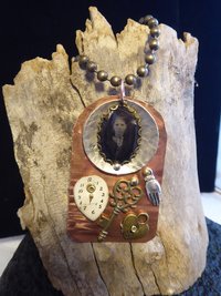 Mixed metals steampunk copper pendant with old tintype photo and charms