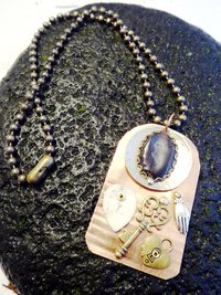 Mixed metals steampunk copper pendant with old tintype photo and charms
