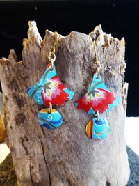 Trashy tinsel long dangle floral recycled tin earrings