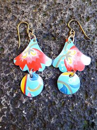 Trashy tinsel long dangle floral recycled tin earrings