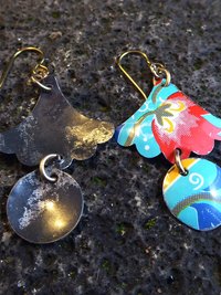 Trashy tinsel long dangle floral recycled tin earrings
