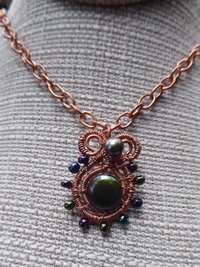 Copper and fresh water pearls in green tones pendant Pearly Girl