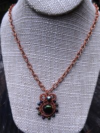 Copper and fresh water pearls in green tones pendant Pearly Girl