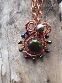 Copper and fresh water pearls in green tones pendant Pearly Girl