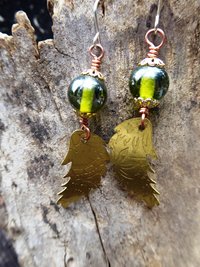 Bead and feather brass dangle earrings