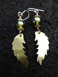 Bead and feather brass dangle earrings