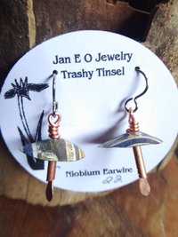 Recycled vintage tin and copper mixed metal dangle boho mushroom earrings