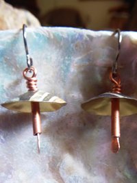 Recycled vintage tin and copper mixed metal dangle boho mushroom earrings