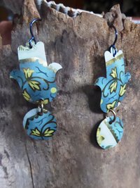 Hamsa dangle earrings from recycled tea tin with niobium ear wire