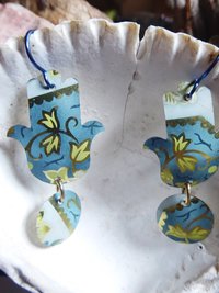 Hamsa dangle earrings from recycled tea tin with niobium ear wire