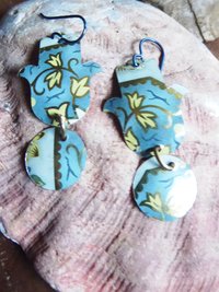 Hamsa dangle earrings from recycled tea tin with niobium ear wire