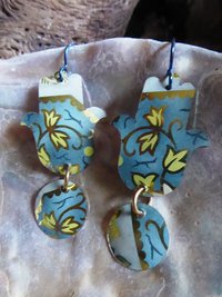 Hamsa dangle earrings from recycled tea tin with niobium ear wire