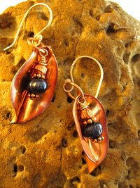 Copper foldform dangle earrings fresh water blue pearl