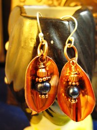 Copper foldform dangle earrings fresh water blue pearl
