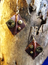 Recycled copper foldform steampunk large dangle diamond shape earring
