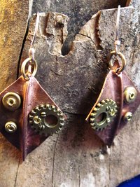 Recycled copper foldform steampunk large dangle diamond shape earring