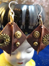 Recycled copper foldform steampunk large dangle diamond shape earring