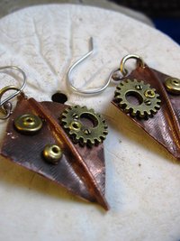 Recycled copper foldform steampunk large dangle diamond shape earring