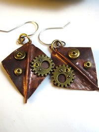 Recycled copper foldform steampunk large dangle diamond shape earring