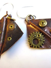 Recycled copper foldform steampunk large dangle diamond shape earring