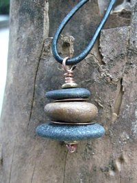 Beach stone stacked rock with copper Om rock cairn zen pendant