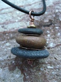 Beach stone stacked rock with copper Om rock cairn zen pendant