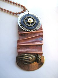 Fold form mixed metal forged funky steampunk pendant
