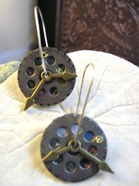 Steampunk clock face geared recycled tin and sterling latch hoop earrings