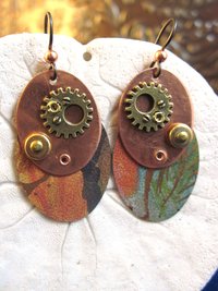 Steampunk mixed metal copper and recycled tin dangle earrings- Trashy Tinsel