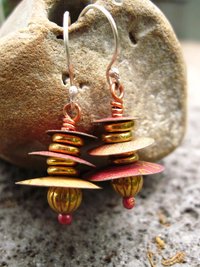 Recycled tin Asian inspired dangle earring with brass and copper