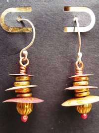 Recycled tin Asian inspired dangle earring with brass and copper