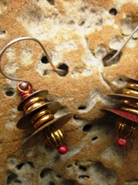 Recycled tin Asian inspired dangle earring with brass and copper