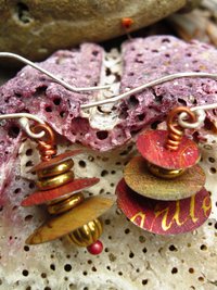 Recycled tin Asian inspired dangle earring with brass and copper