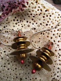 Recycled tin Asian inspired dangle earring with brass and copper