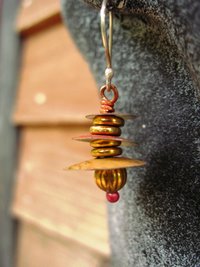 Recycled tin Asian inspired dangle earring with brass and copper