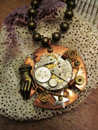 Steampunk watchworks mixed metal copper pendant