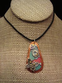Recycled tin copper pendant with butterfly, gear, heart