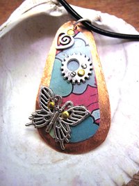 Recycled tin copper pendant with butterfly, gear, heart