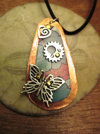 Recycled tin copper pendant with butterfly, gear, heart
