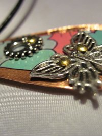 Recycled tin copper pendant with butterfly, gear, heart