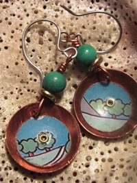 Recycled tin copper dangle earrings with turquoise bead