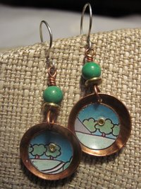 Recycled tin copper dangle earrings with turquoise bead