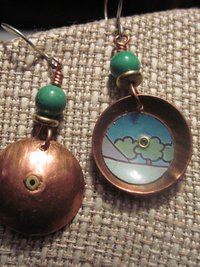 Recycled tin copper dangle earrings with turquoise bead
