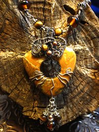 Brown jasper swirling pendant with a sterling and tigereye beaded chain