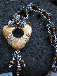 Brown jasper swirling pendant with a sterling and tigereye beaded chain
