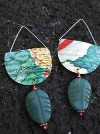 Corrugated tin dangle green earrings with aventurine stone