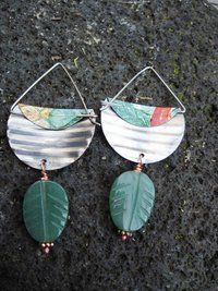 Corrugated tin dangle green earrings with aventurine stone