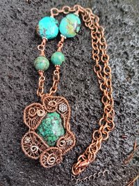 Copper and silver wire woven turquoise pendant with turquoise and copper chain