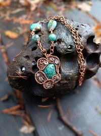 Copper and silver wire woven turquoise pendant with turquoise and copper chain